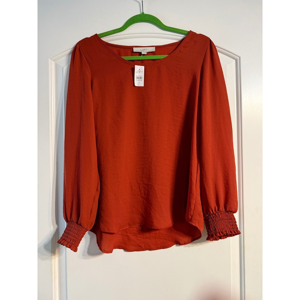 Loft Blouse Size S Burnt Orange New Smocked Ruffle Cuff Long Sleeve Fall Rust0
